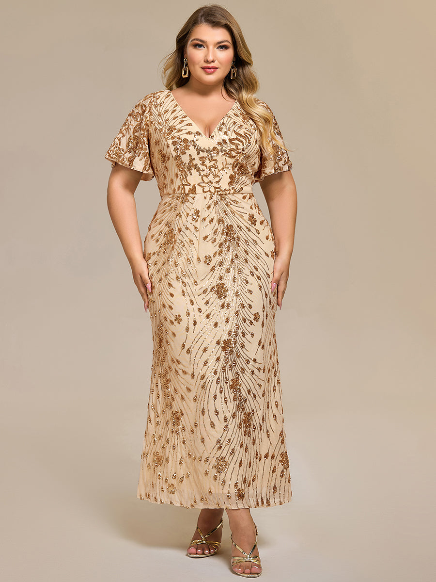 Color=Gold | Strapless Deep V-Neck Fishtail Paillette Midi Evening Dresses- 21