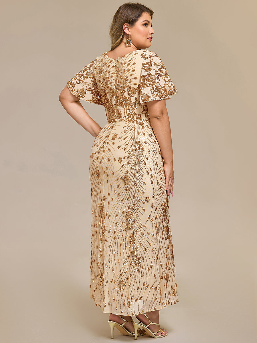 Color=Gold | Strapless Deep V-Neck Fishtail Paillette Midi Evening Dresses- 22