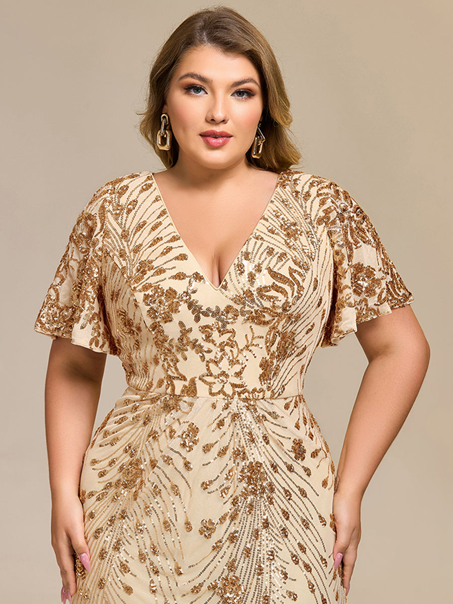 Color=Gold | Strapless Deep V-Neck Fishtail Paillette Midi Evening Dresses- 23