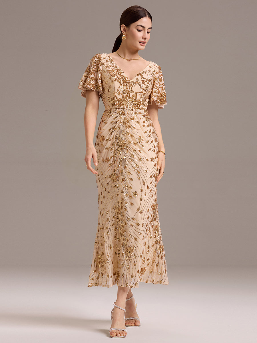 Color=Gold | Strapless Deep V-Neck Fishtail Paillette Midi Evening Dresses- 16