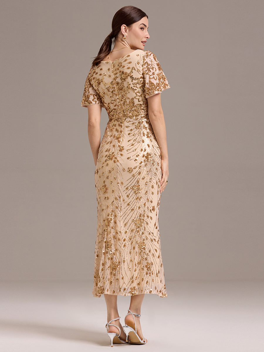 Color=Gold | Strapless Deep V-Neck Fishtail Paillette Midi Evening Dresses- 17