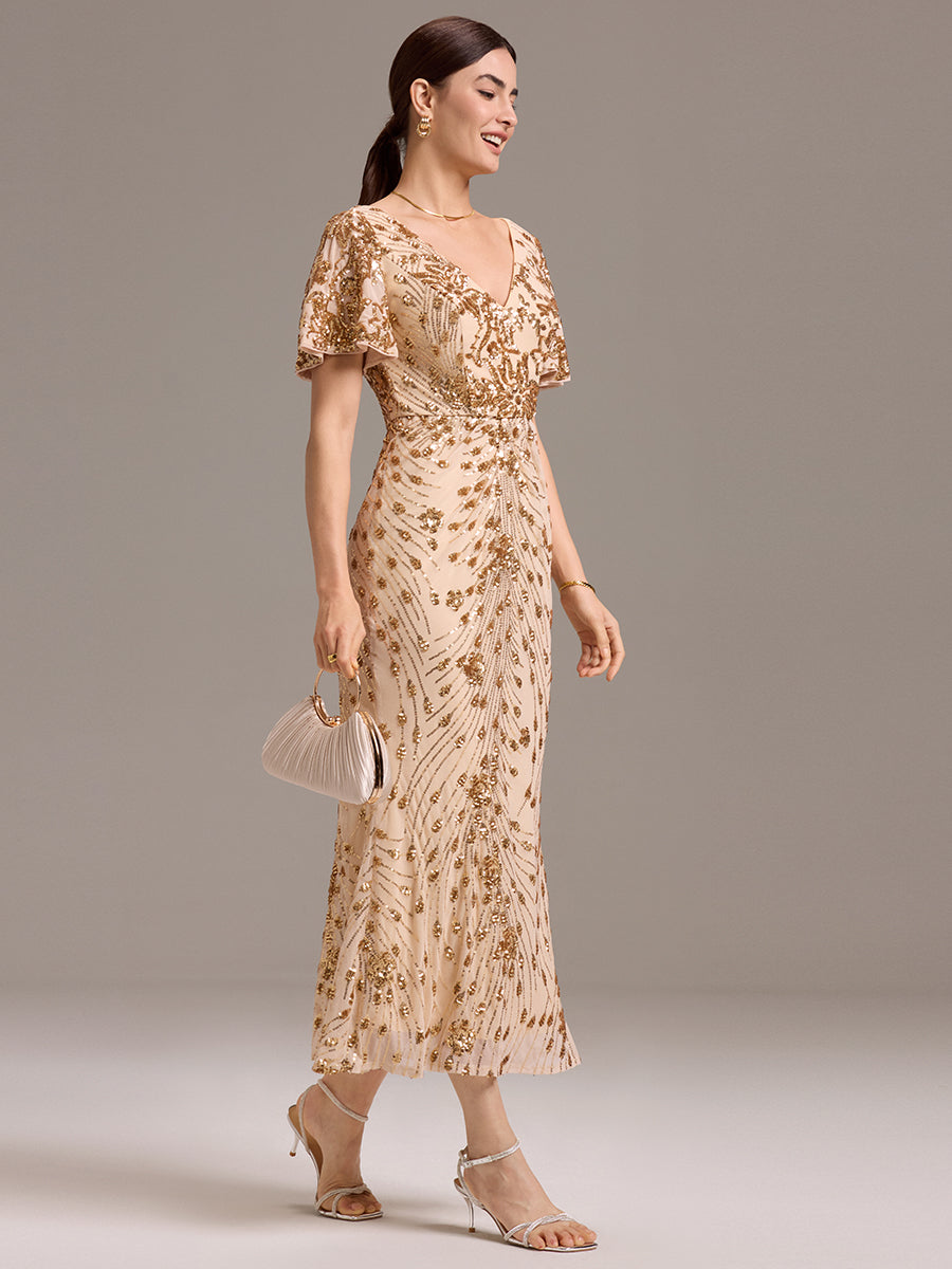 Color=Gold | Strapless Deep V-Neck Fishtail Paillette Midi Evening Dresses- 19
