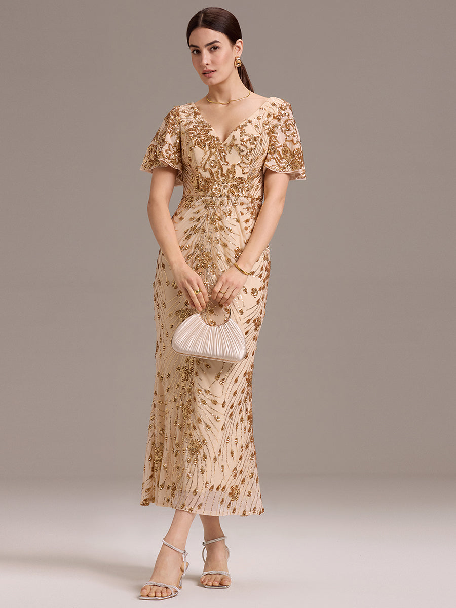 Color=Gold | Strapless Deep V-Neck Fishtail Paillette Midi Evening Dresses- 20