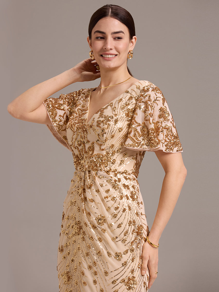 Color=Gold | Strapless Deep V-Neck Fishtail Paillette Midi Evening Dresses- 18