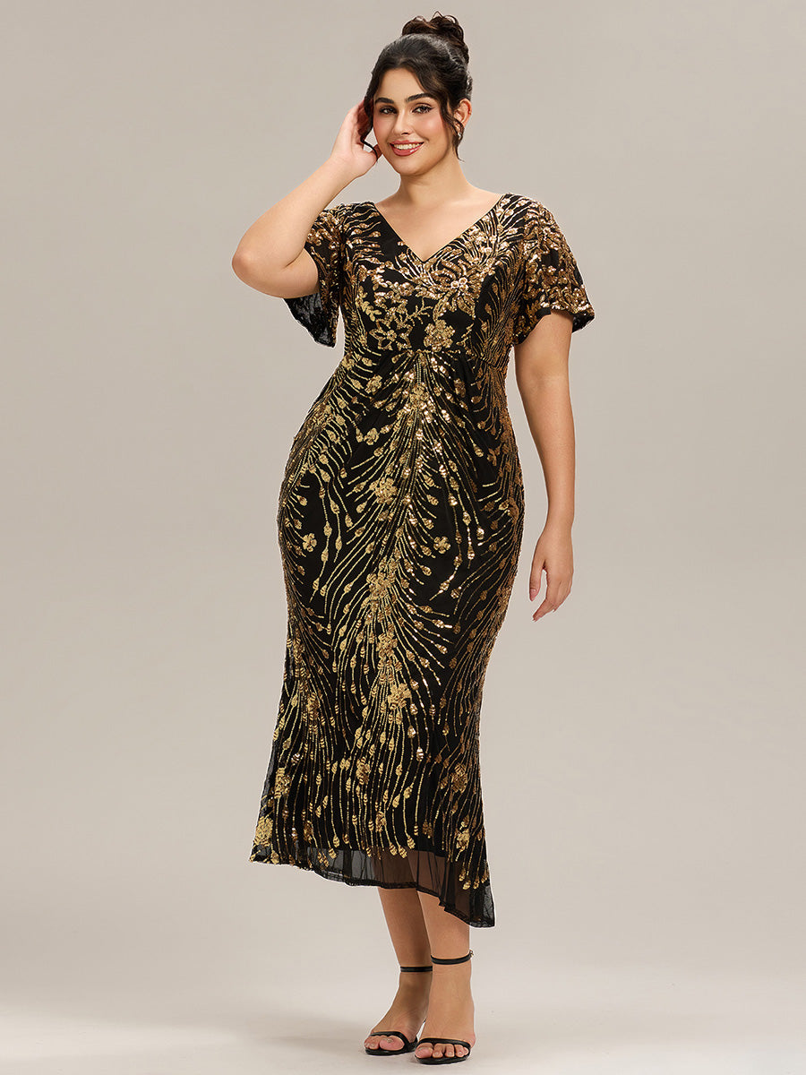 Color=Black Gold | Plus Size Strapless Deep V-Neck Fishtail Paillette Midi Evening Dresses-Black Gold 18