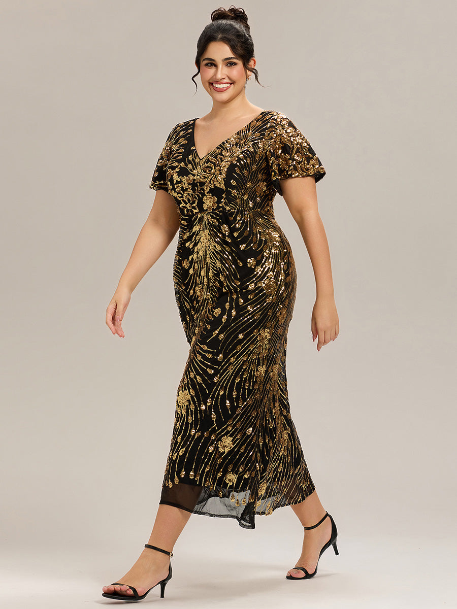 Color=Black Gold | Plus Size Strapless Deep V-Neck Fishtail Paillette Midi Evening Dresses-Black Gold 19