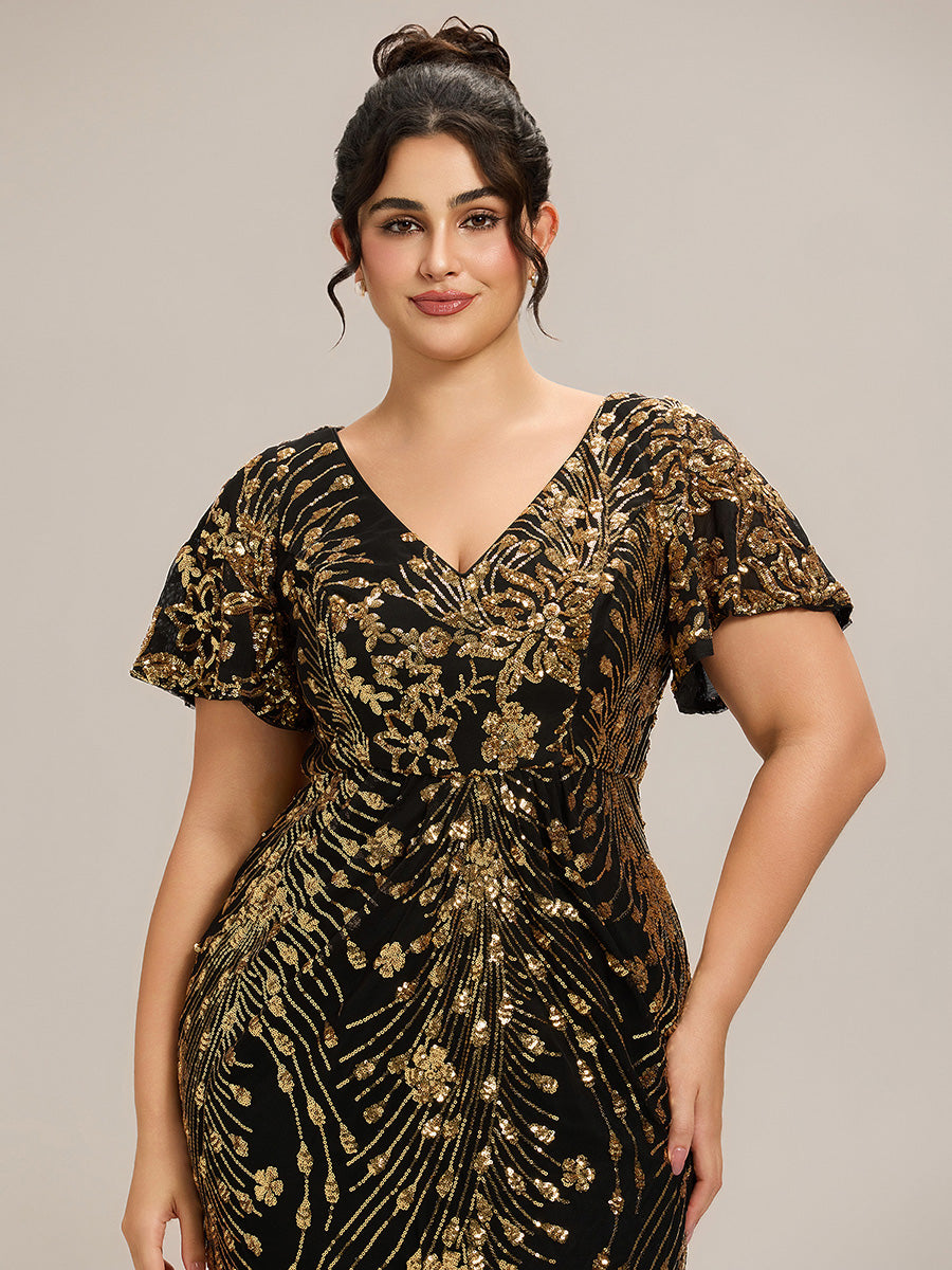 Color=Black Gold | Plus Size Strapless Deep V-Neck Fishtail Paillette Midi Evening Dresses-Black Gold 20
