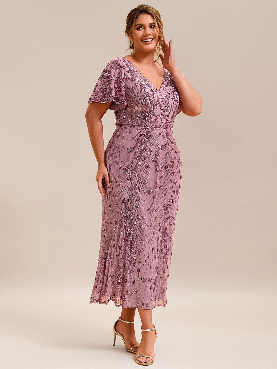 Color=Purple Orchid | Plus Size Strapless Deep V-Neck Fishtail Paillette Midi Evening Dresses-Purple Orchid 3