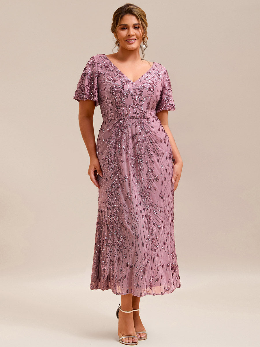 Color=Purple Orchid | Plus Size Strapless Deep V-Neck Fishtail Paillette Midi Evening Dresses-Purple Orchid 4