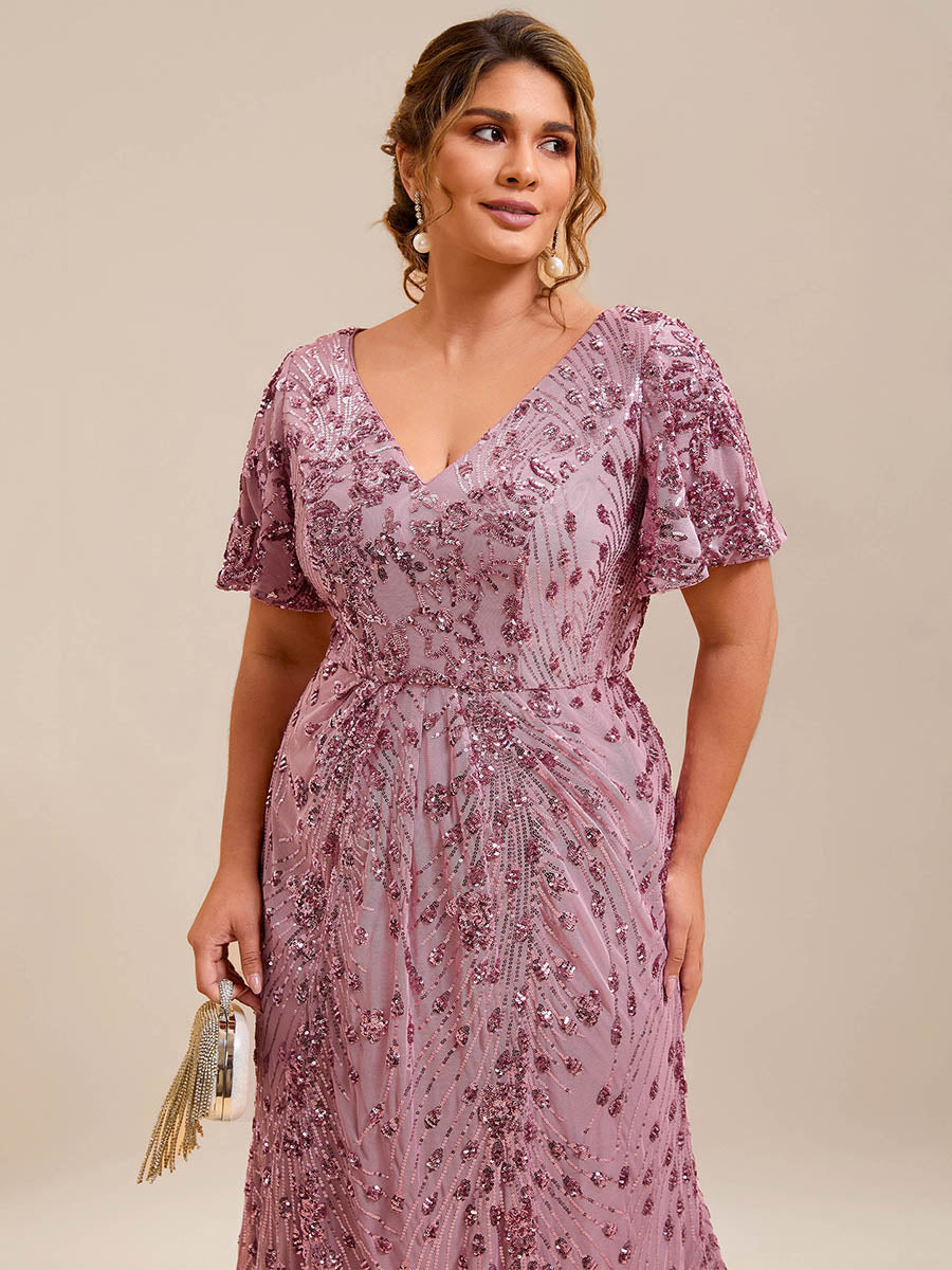 Color=Purple Orchid | Plus Size Strapless Deep V-Neck Fishtail Paillette Midi Evening Dresses-Purple Orchid 5