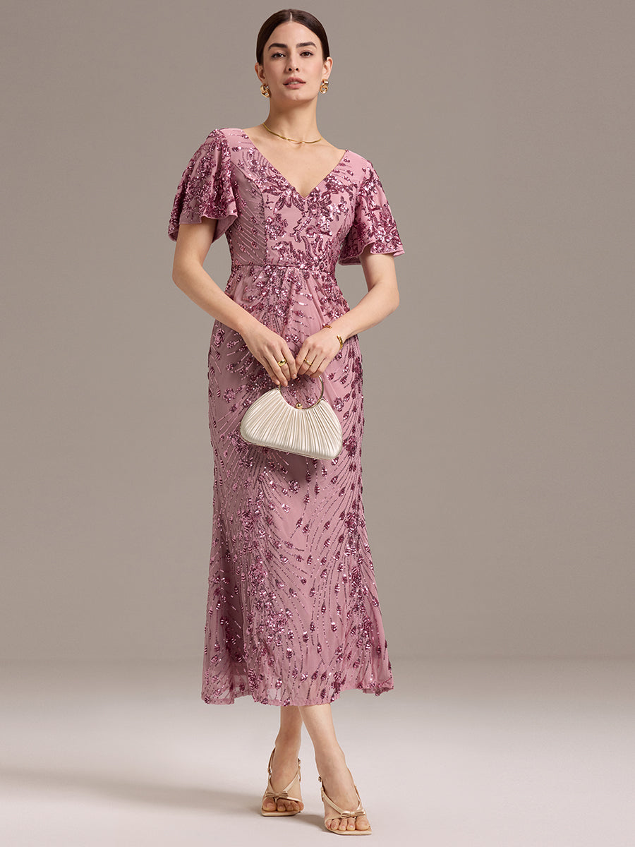 Color=Purple Orchid | Strapless Deep V-Neck Fishtail Paillette Midi Evening Dresses-Purple Orchid 1