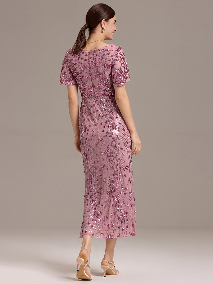 Strapless Deep V-Neck Fishtail Paillette Midi Evening Dresses
