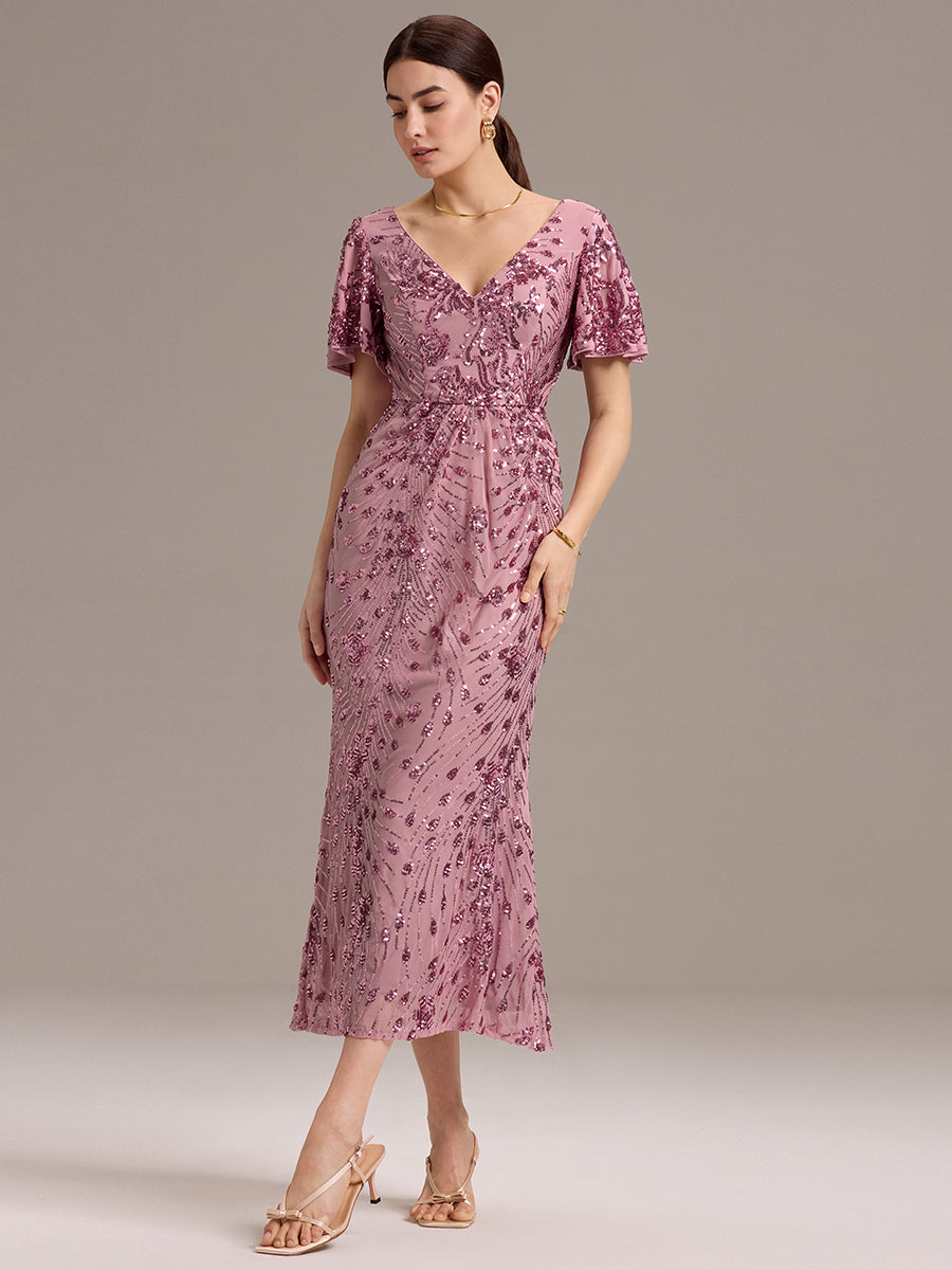 Strapless Deep V-Neck Fishtail Paillette Midi Evening Dresses
