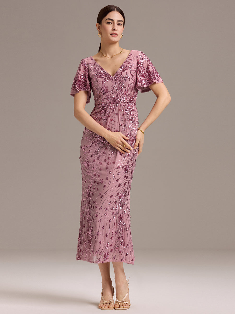 Strapless Deep V-Neck Fishtail Paillette Midi Evening Dresses
