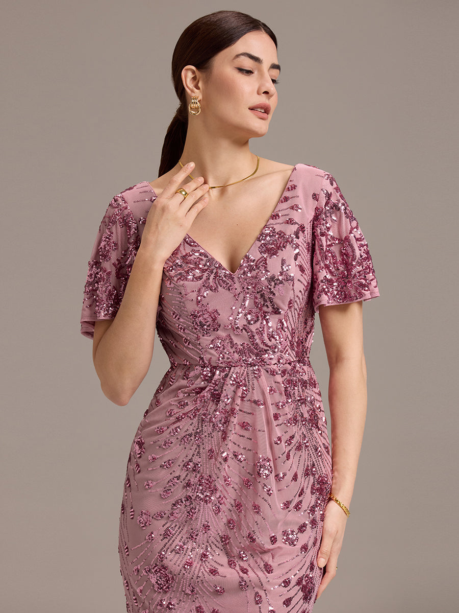Strapless Deep V-Neck Fishtail Paillette Midi Evening Dresses