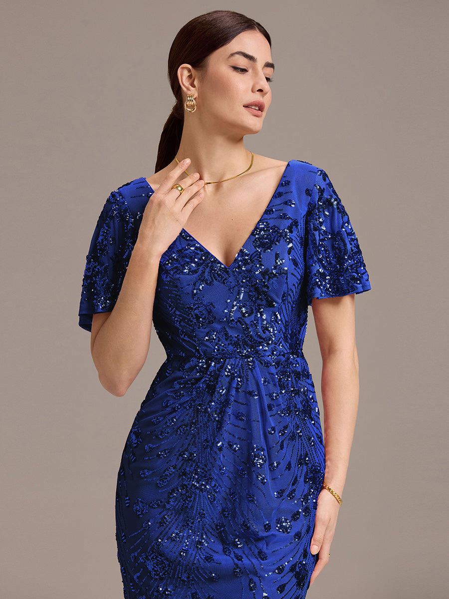 Color=Sapphire Blue | Strapless Deep V-Neck Fishtail Paillette Midi Evening Dresses- 23