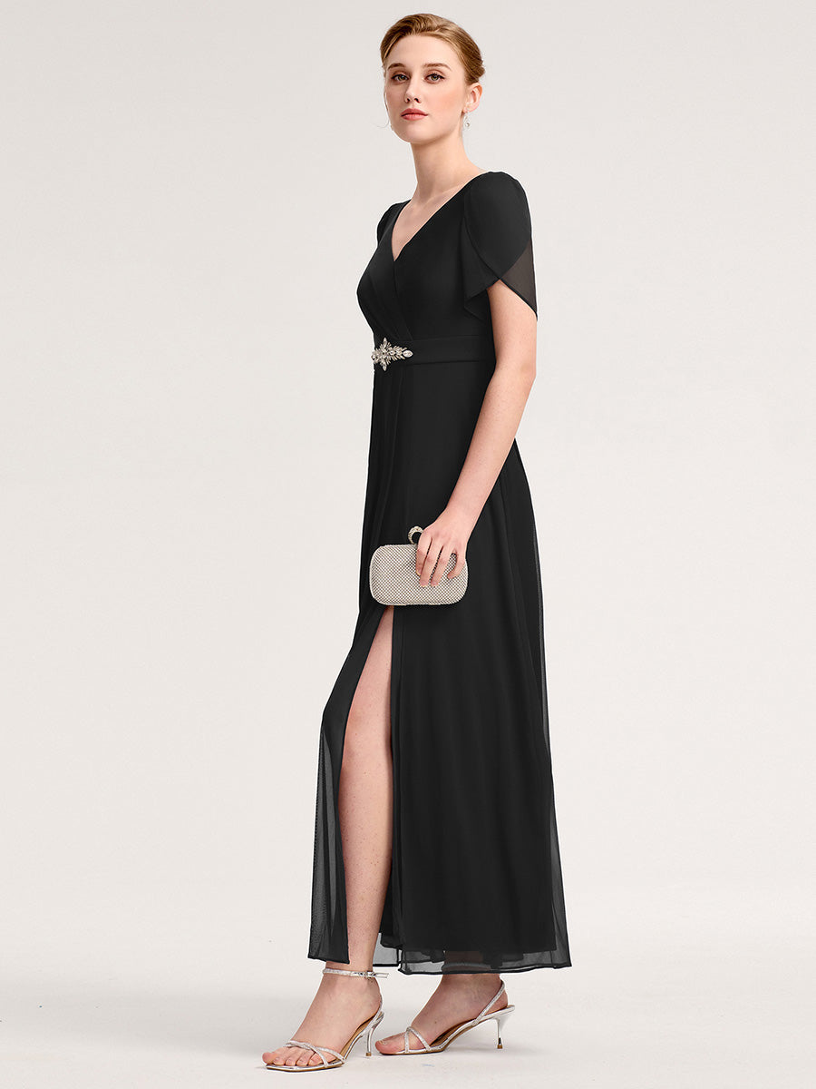 Color=Black | Wholesale Bulk order Split Evening Chiffon Dress with Bead or hot drill decoration-Black 3