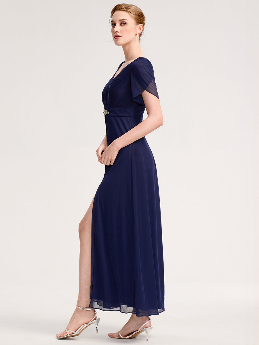Color=Navy Blue | Wholesale Bulk order Split Evening Chiffon Dress with Bead or hot drill decoration-Navy Blue 13