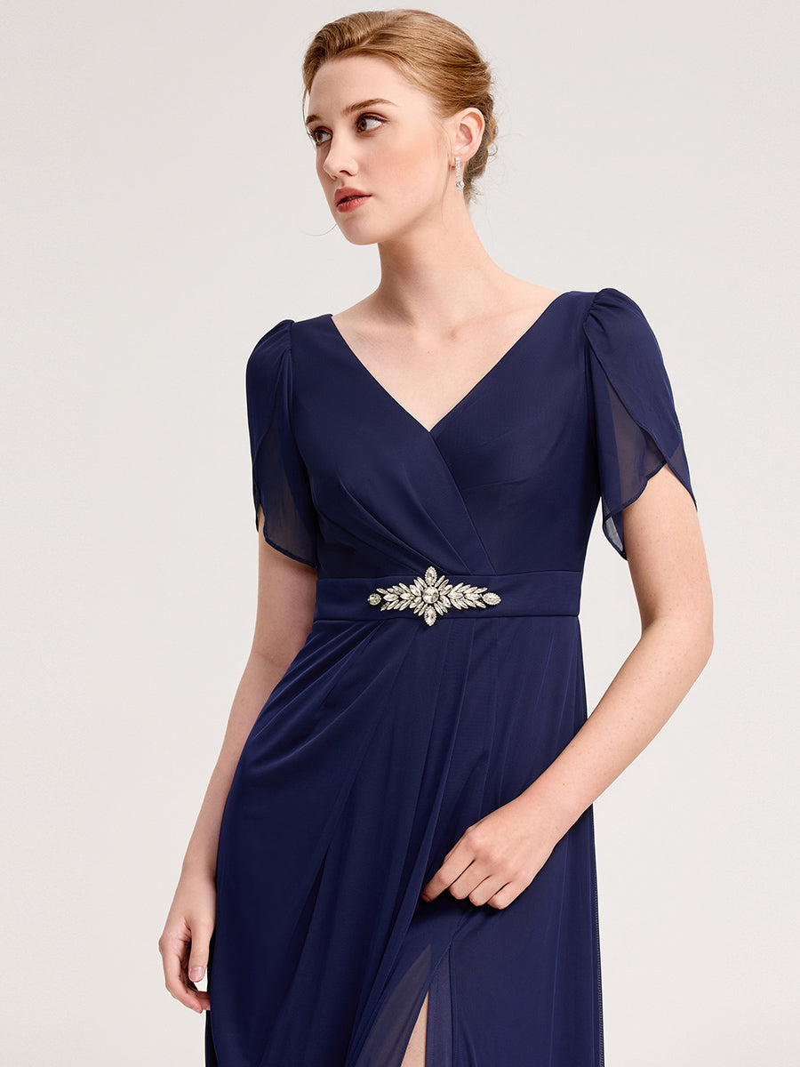 Color=Navy Blue | Wholesale Bulk order Split Evening Chiffon Dress with Bead or hot drill decoration-Navy Blue 15