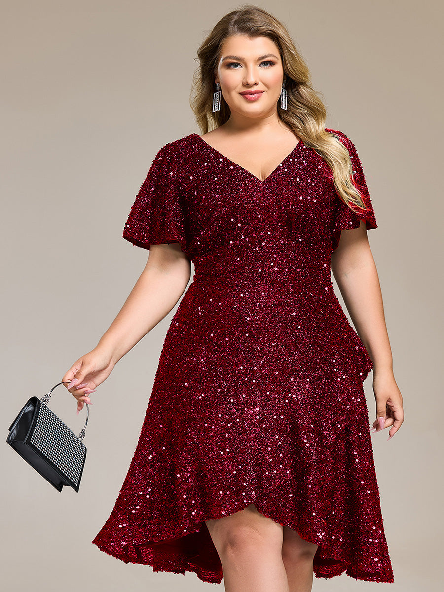 Color=Burgundy | Bulk Order Short Sleeve Ruffle Sequin Deep V-Neck High-Low Formal Dresses-Burgundy 1