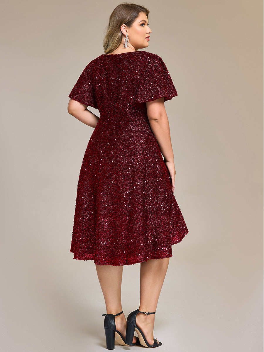Color=Burgundy | Bulk Order Short Sleeve Ruffle Sequin Deep V-Neck High-Low Formal Dresses-Burgundy 2