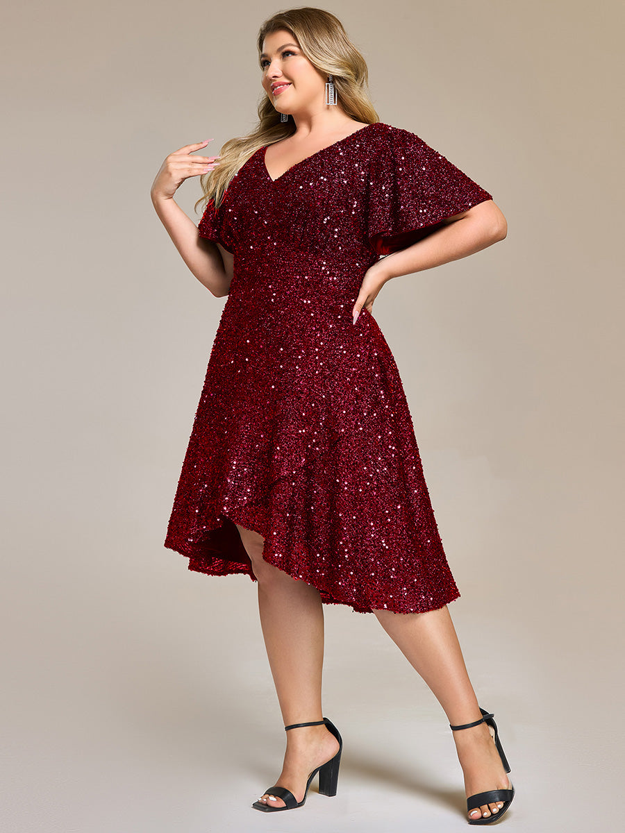 Color=Burgundy | Bulk Order Short Sleeve Ruffle Sequin Deep V-Neck High-Low Formal Dresses-Burgundy 3