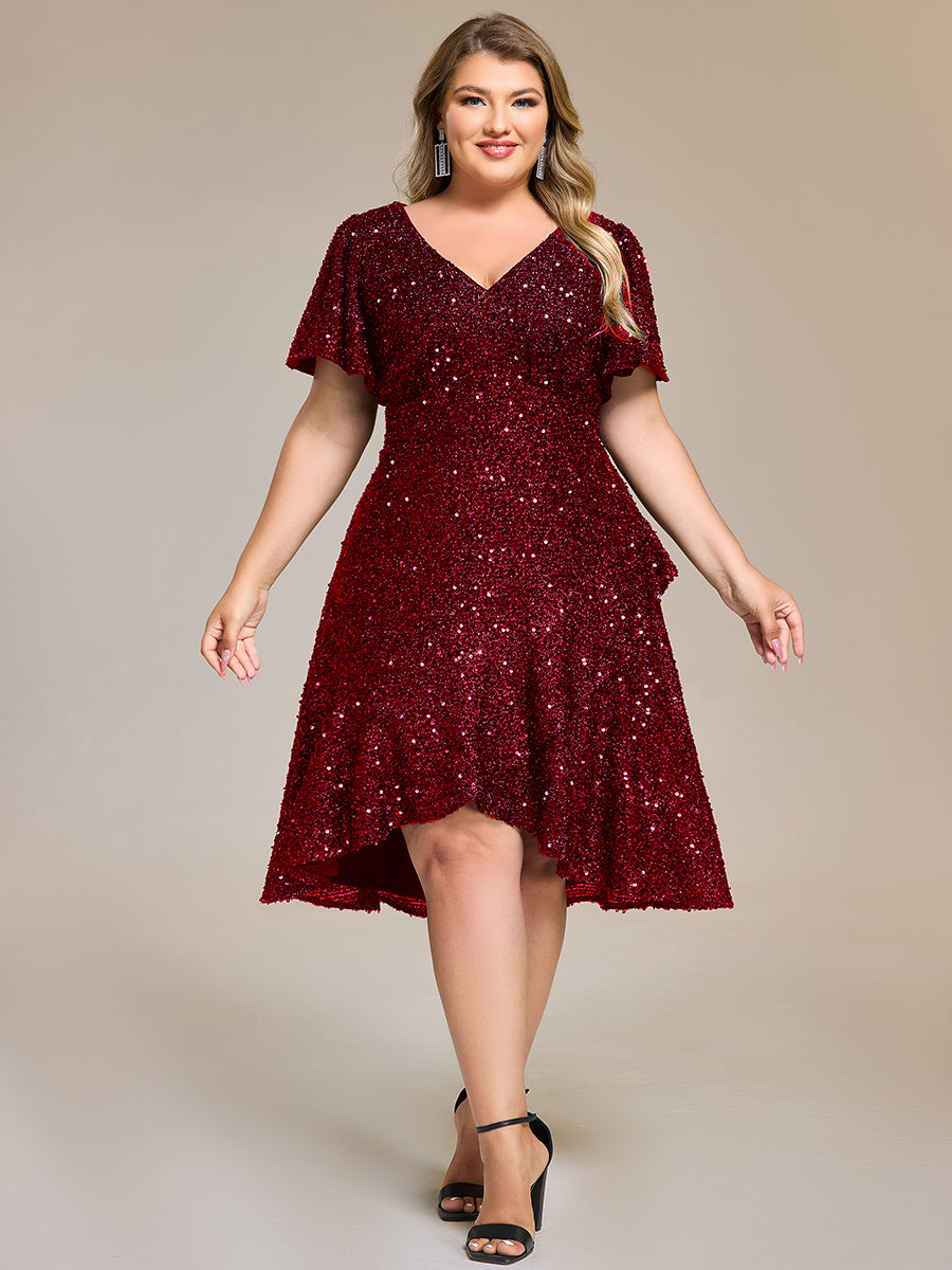 Color=Burgundy | Bulk Order Short Sleeve Ruffle Sequin Deep V-Neck High-Low Formal Dresses-Burgundy 4