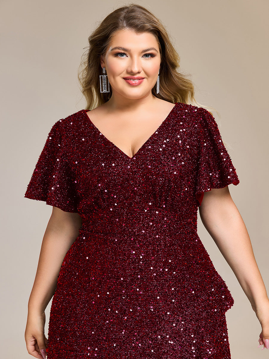Color=Burgundy | Bulk Order Short Sleeve Ruffle Sequin Deep V-Neck High-Low Formal Dresses-Burgundy 5