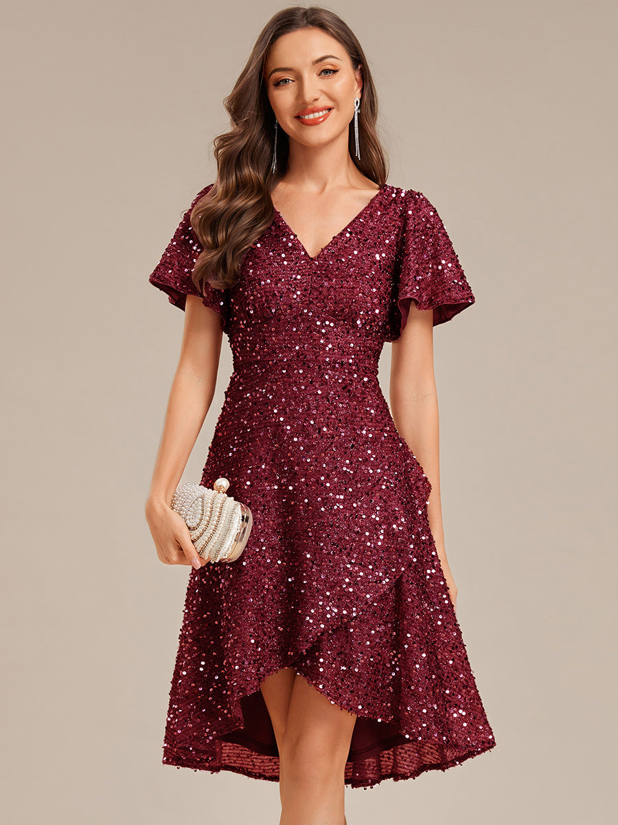 High-Low Sequin Ruffle Deep V-Neck Formal Dresses for Bulk Orders High-Low Sequin Ruffle Deep V-Neck Formal Dresses for Bulk Orders