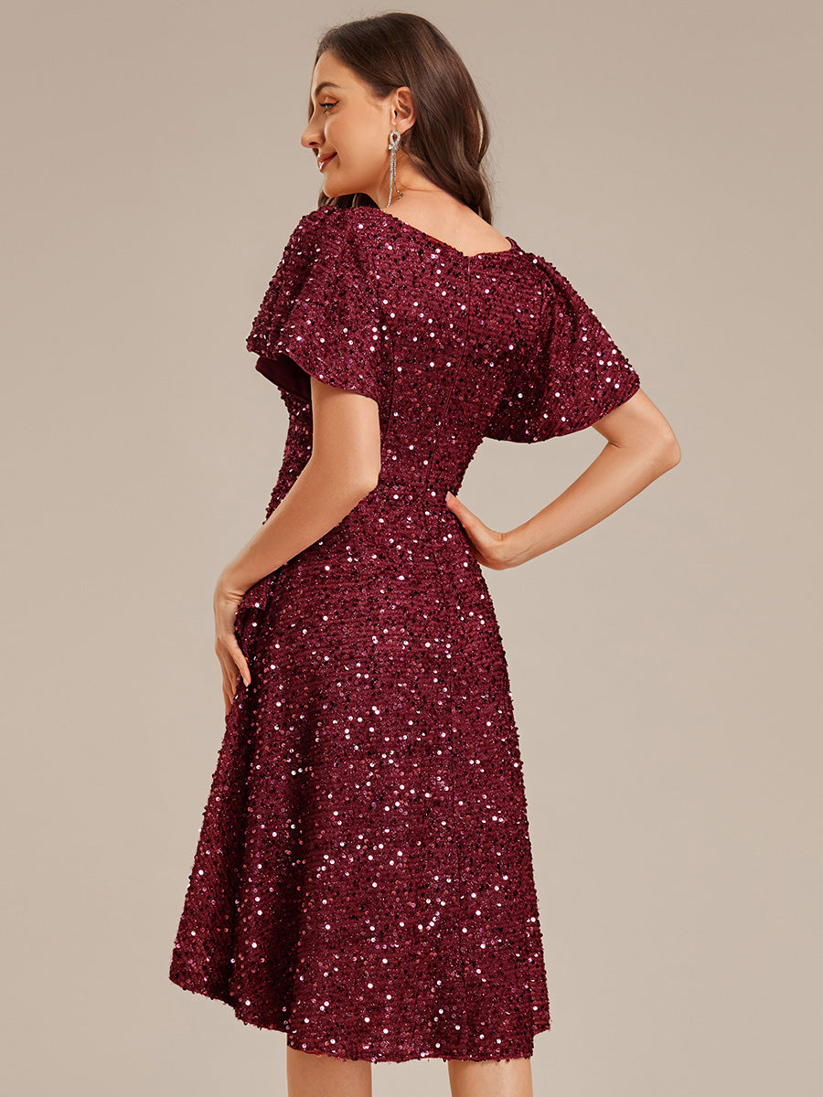 Color=Burgundy | Bulk Order Short Sleeve Ruffle Sequin Deep V-Neck High-Low Formal Dresses-Burgundy 2