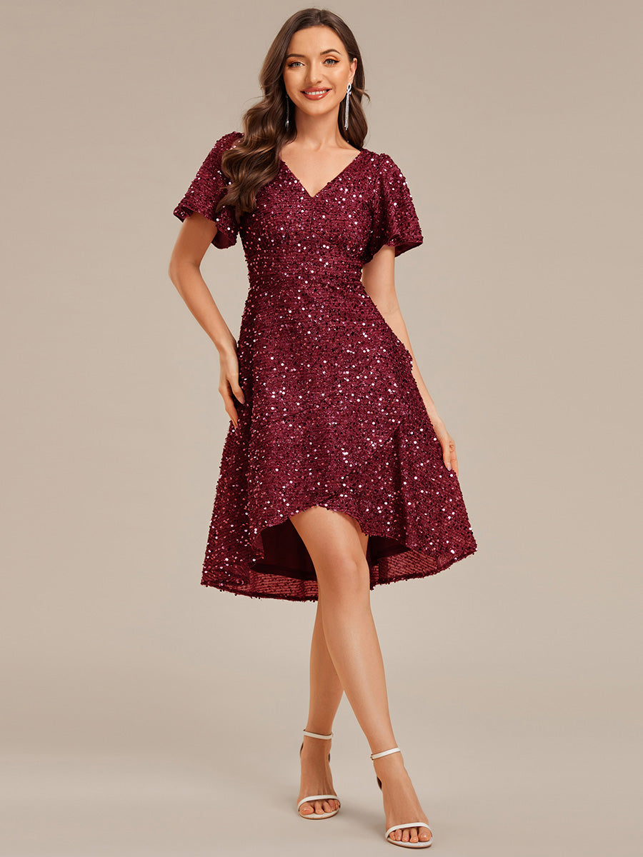 Color=Burgundy | Bulk Order Short Sleeve Ruffle Sequin Deep V-Neck High-Low Formal Dresses-Burgundy 3