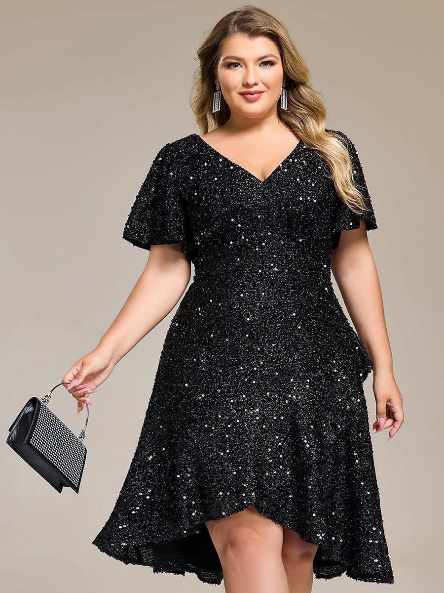 Color=Black | Bulk Order Short Sleeve Ruffle Sequin Deep V-Neck High-Low Formal Dresses-Black 6