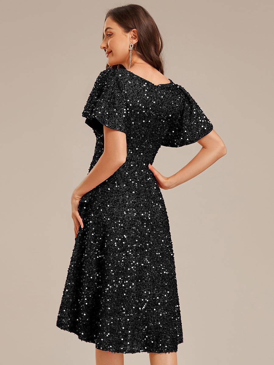 Color=Black | Bulk Order Short Sleeve Ruffle Sequin Deep V-Neck High-Low Formal Dresses-Black 7