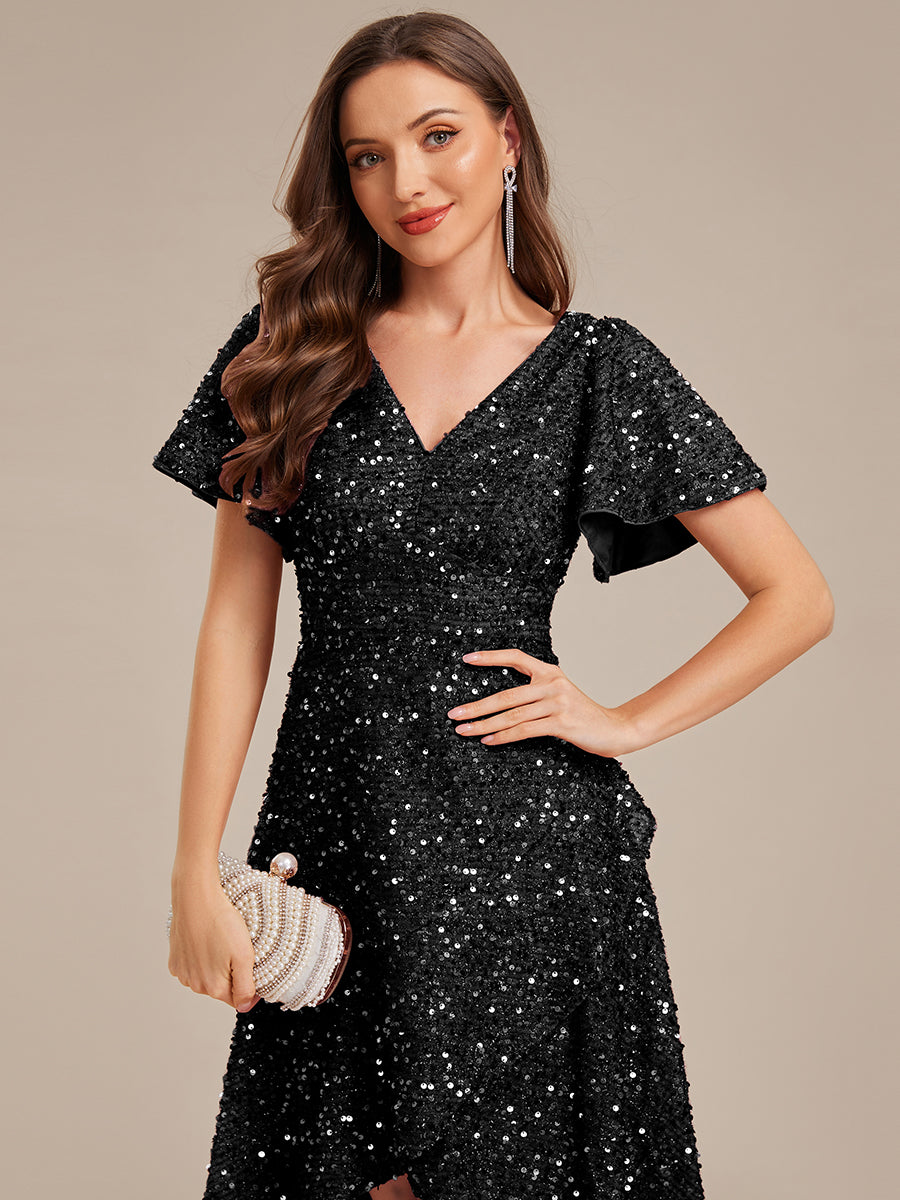 Color=Black | Bulk Order Short Sleeve Ruffle Sequin Deep V-Neck High-Low Formal Dresses-Black 10