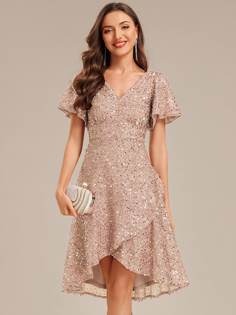 Color=champagne | Bulk Order Short Sleeve Ruffle Sequin Deep V-Neck High-Low Formal Dresses-champagne 11