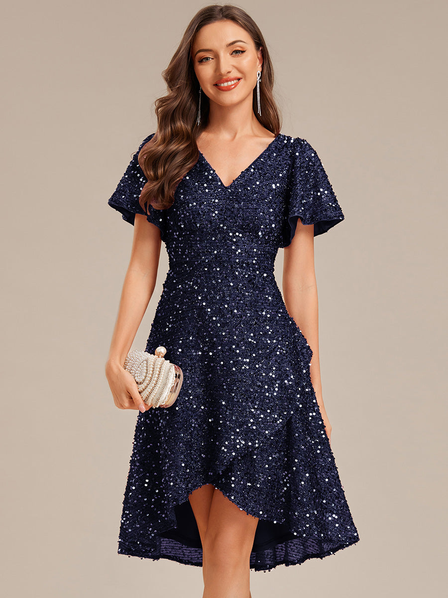 Color=Navy Blue | Bulk Order Short Sleeve Ruffle Sequin Deep V-Neck High-Low Formal Dresses-Navy Blue 16