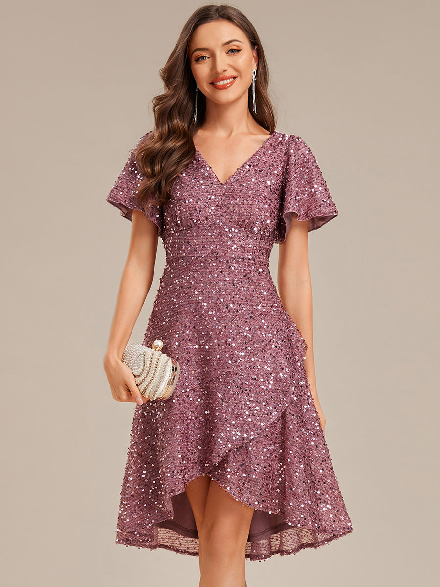 Color=Purple Orchid | Bulk Order Short Sleeve Ruffle Sequin Deep V-Neck High-Low Formal Dresses-Purple Orchid 21