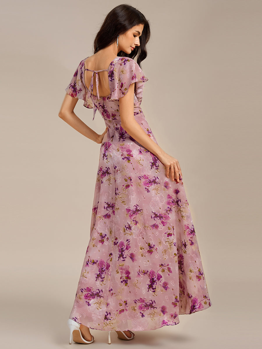 Color=Light purple print | Wholesale Pricing Short Sleeve Ruffle A-Line Backless Floor Length Formal Dresses-Light purple print 2