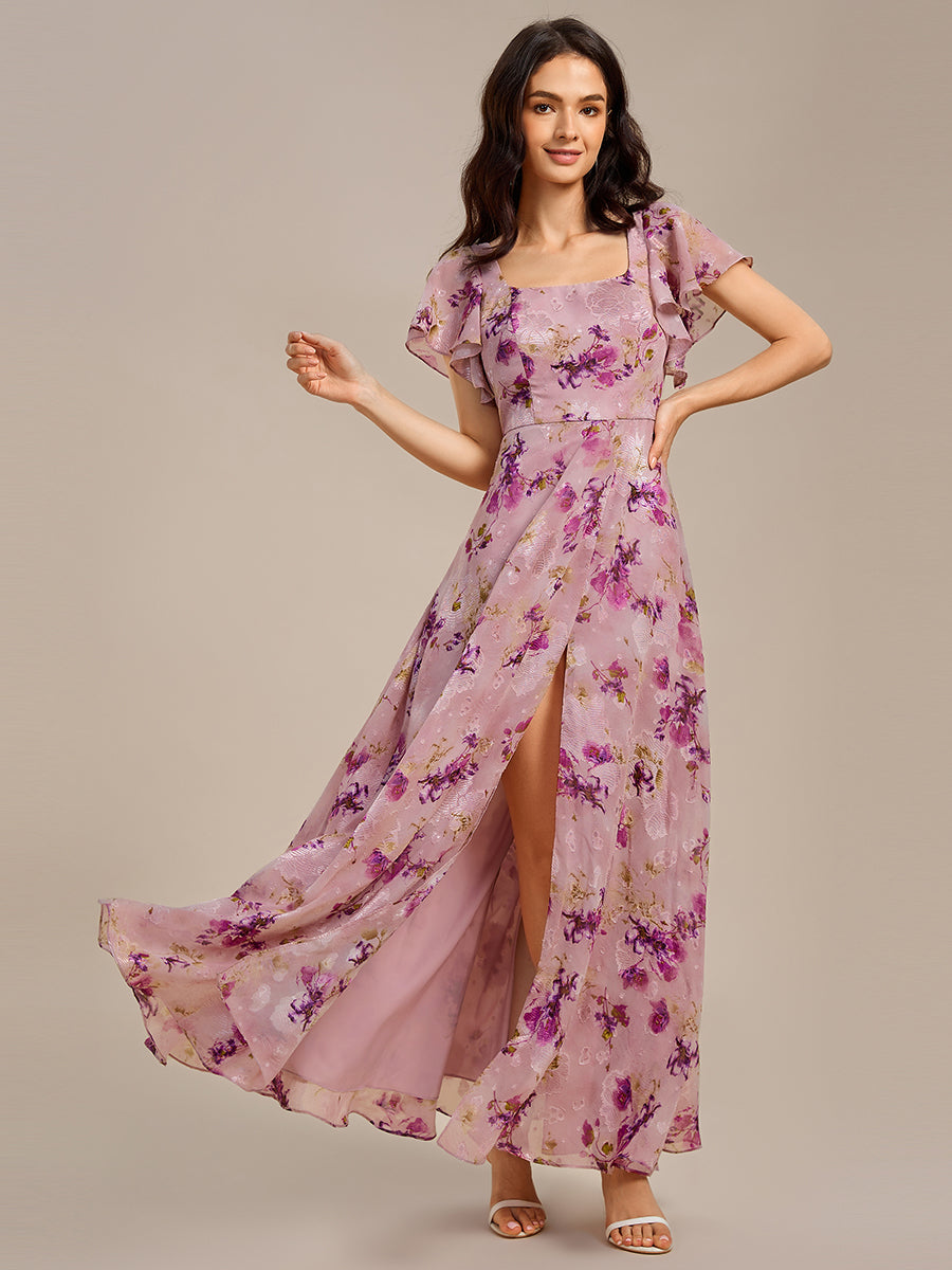 Color=Light purple print | Wholesale Pricing Short Sleeve Ruffle A-Line Backless Floor Length Formal Dresses-Light purple print 3