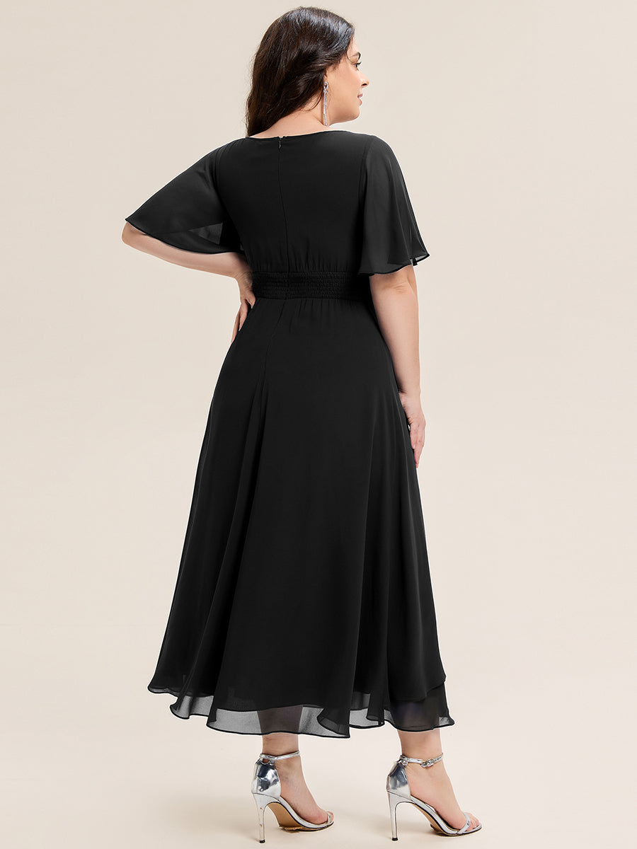 Color=Black | Bulk Order Short Sleeve Ruffle Asymmetrical A-Line Midi Evening Dresses-Black 17