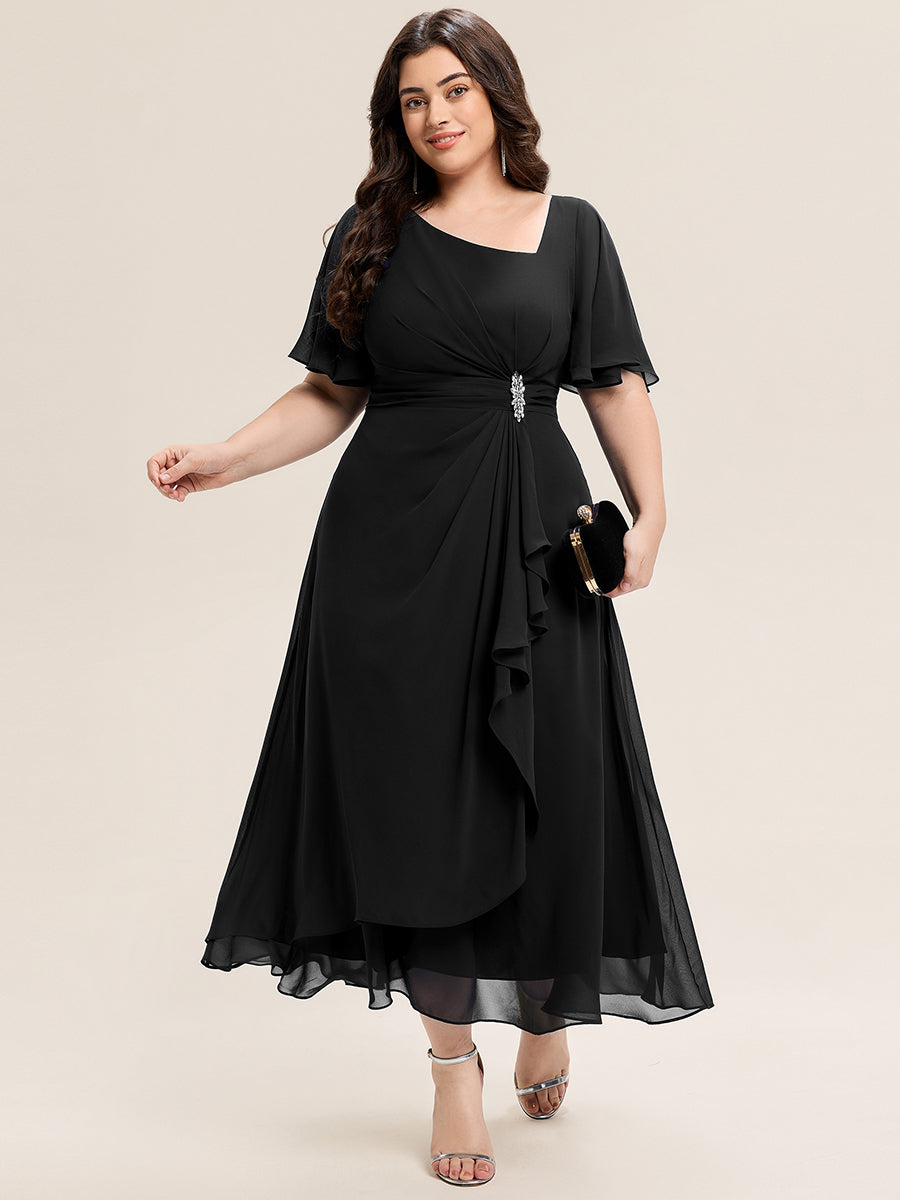 Color=Black | Bulk Order Short Sleeve Ruffle Asymmetrical A-Line Midi Evening Dresses-Black 20