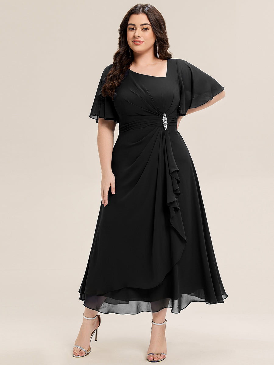 Color=Black | Bulk Order Short Sleeve Ruffle Asymmetrical A-Line Midi Evening Dresses-Black 16