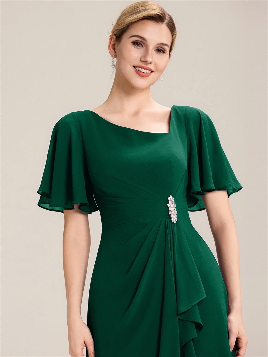 Color=Dark Green | Bulk Order Short Sleeve Ruffle Asymmetrical A-Line Midi Evening Dresses-Dark Green 5