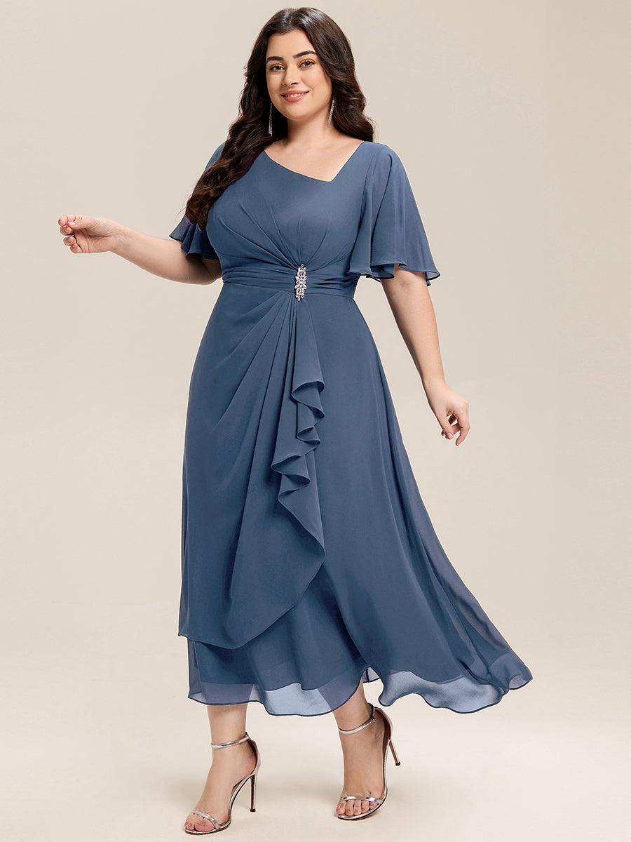 Color=Dusty Blue | Commercial Wholesale Short Sleeve Ruffle Asymmetrical A-Line Midi Evening Dresses-Dusty Blue 9
