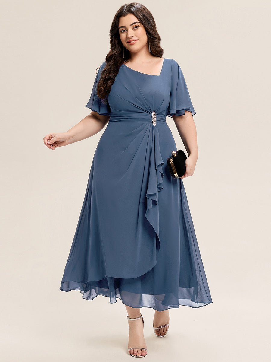 Color=Dusty Blue | Commercial Wholesale Short Sleeve Ruffle Asymmetrical A-Line Midi Evening Dresses-Dusty Blue 10