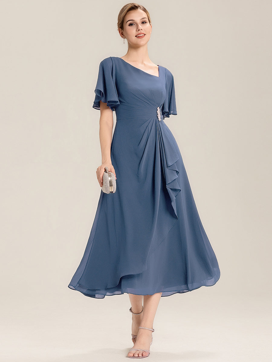 Color=Dusty Blue | Commercial Wholesale Short Sleeve Ruffle Asymmetrical A-Line Midi Evening Dresses-Dusty Blue 1