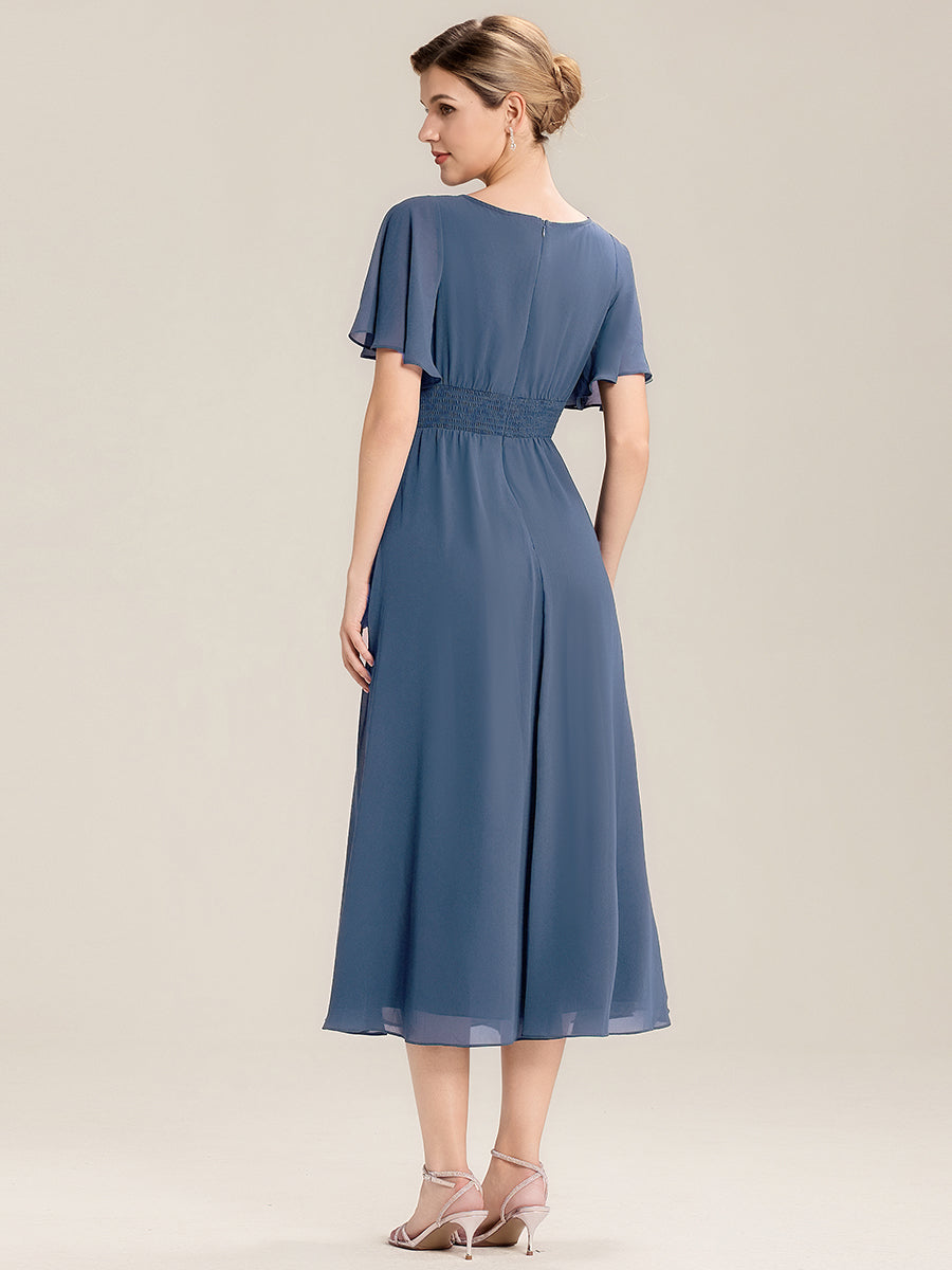 Color=Dusty Blue | Commercial Wholesale Short Sleeve Ruffle Asymmetrical A-Line Midi Evening Dresses-Dusty Blue 2