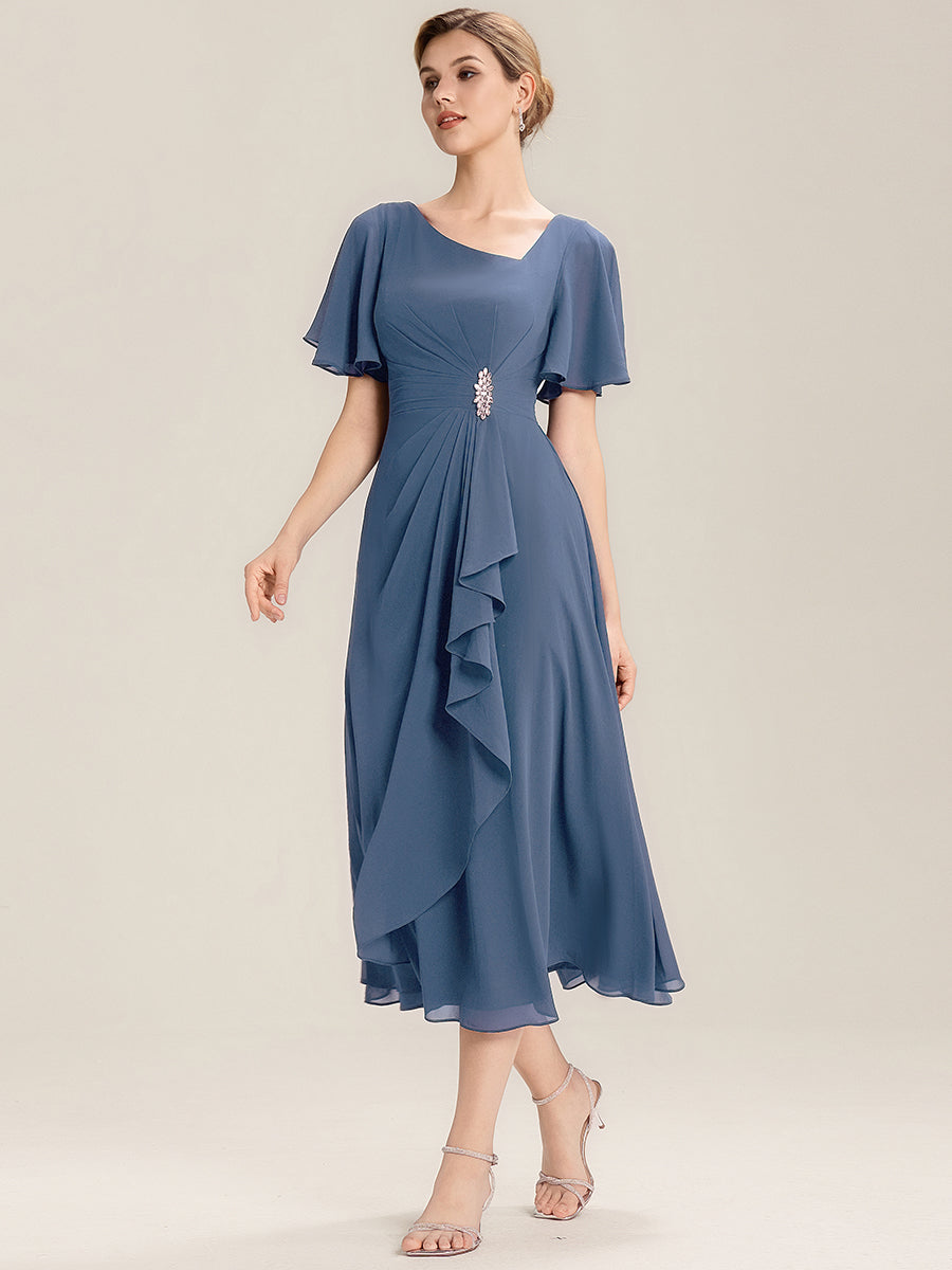 Color=Dusty Blue | Commercial Wholesale Short Sleeve Ruffle Asymmetrical A-Line Midi Evening Dresses-Dusty Blue 4