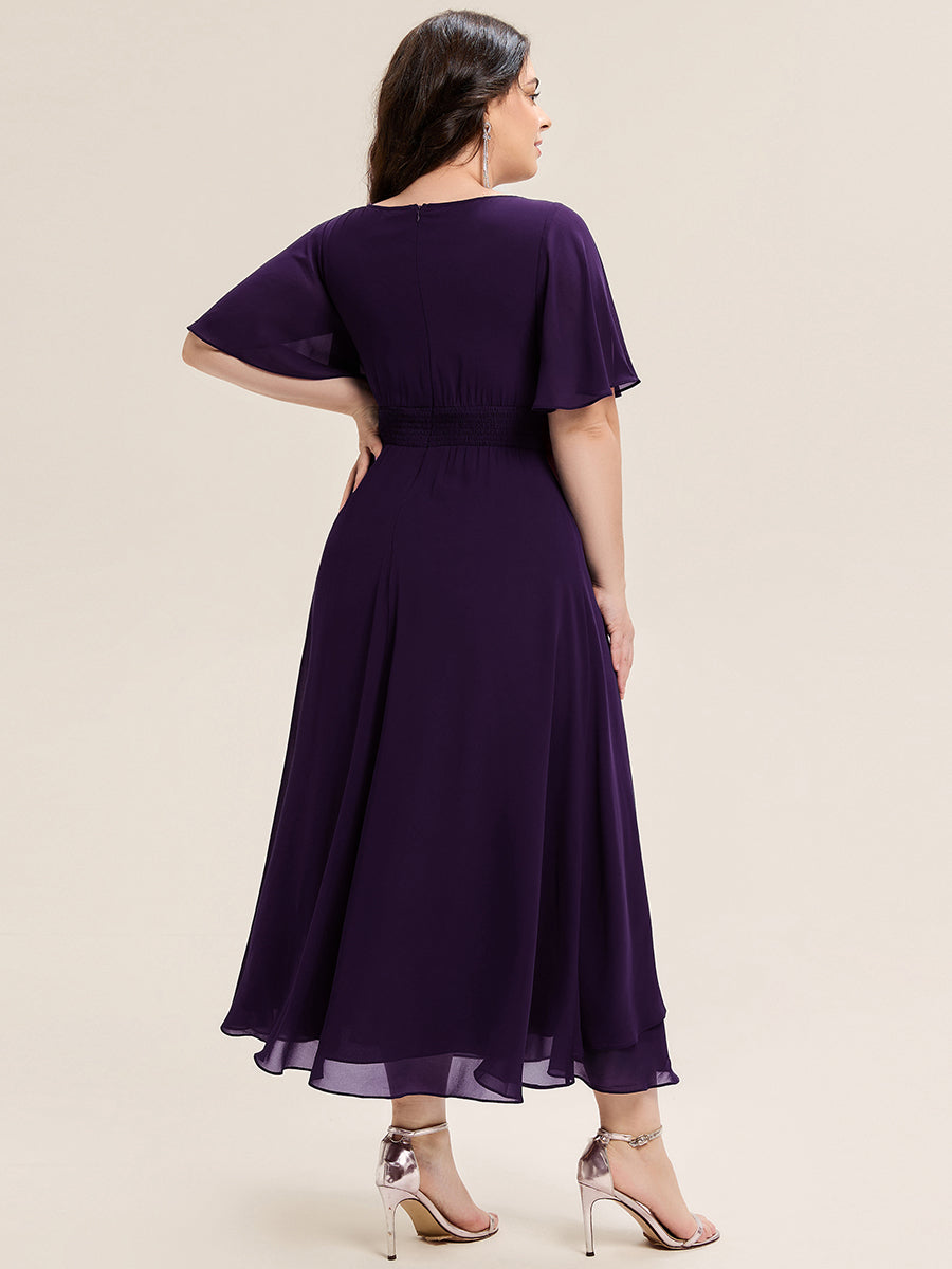 Color=Dark Purple | Fast Delivery Short Sleeve Asymmetrical Rhinestone A-Line Midi Evening Dresses-Dark Purple 3
