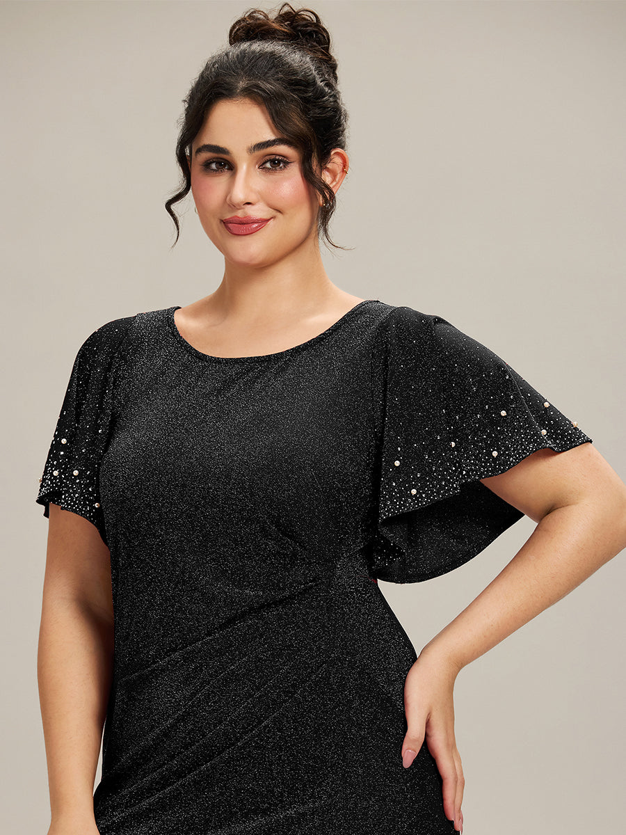 Color=Black | One Stop Shop Plus Size Short Sleeve Ruffle Beaded Fishtail Maxi Evening Dresses-Black 8